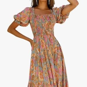 NWT Summer Boho Floral Print Square Neck Smocked Bodice Maxi